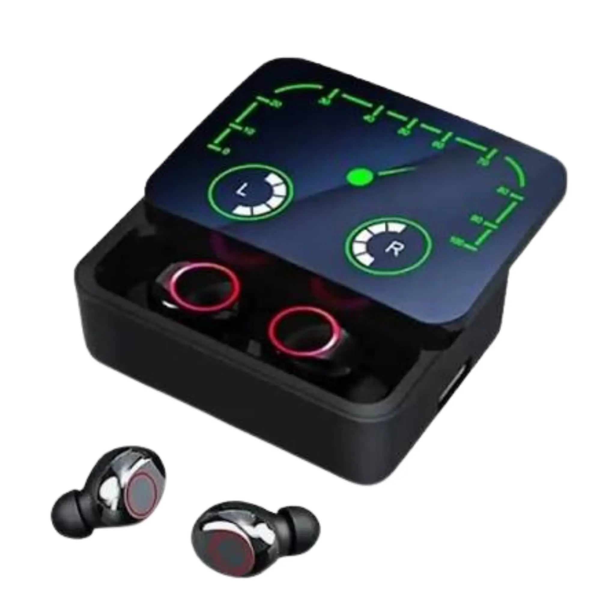 TWS wireless earbuds with LED dashboard charging case and chrome red accent design
