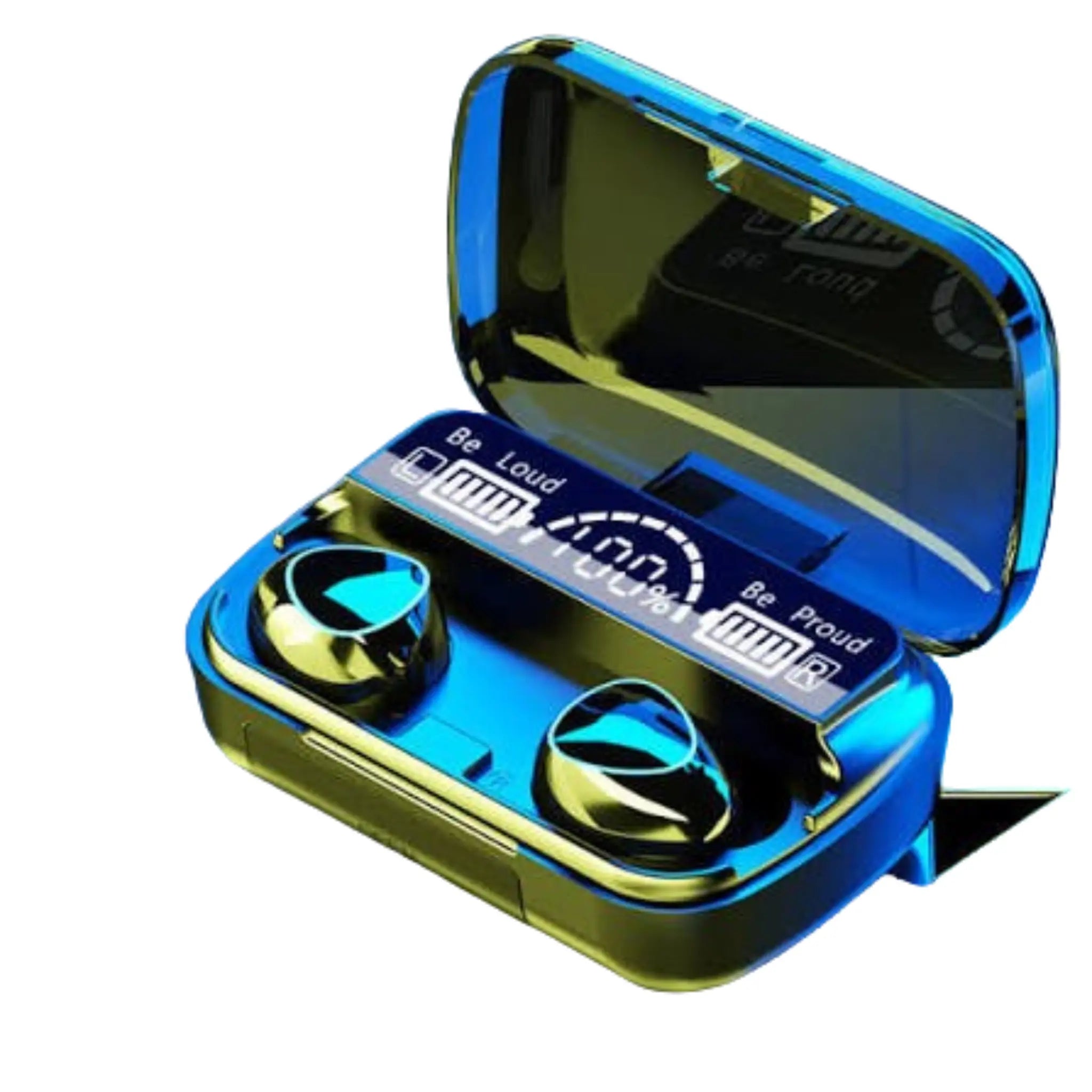 Be Loud Be Proud TWS earbuds in blue chrome case with LED battery display