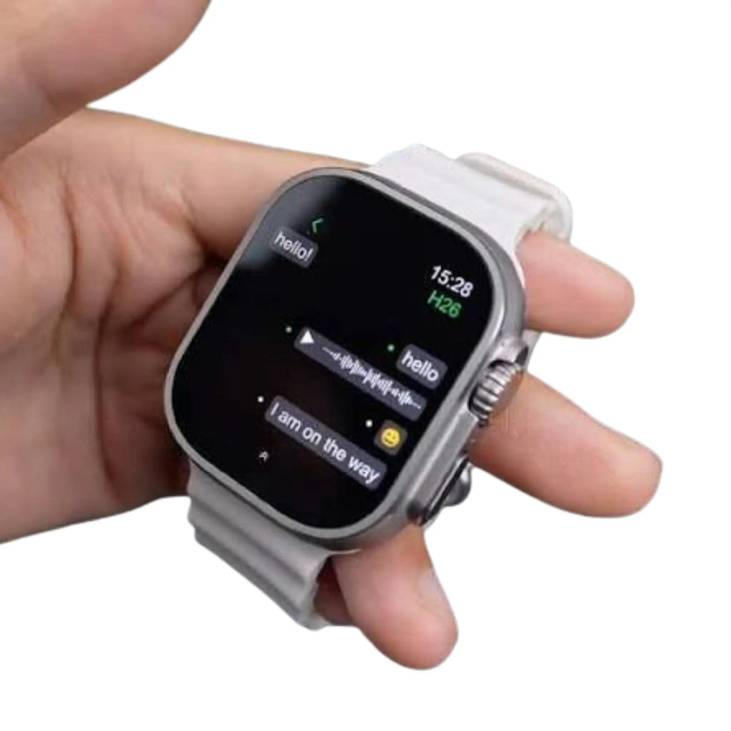 H26 Ultra Smart Watch with transparent frosted silicone band held in hand