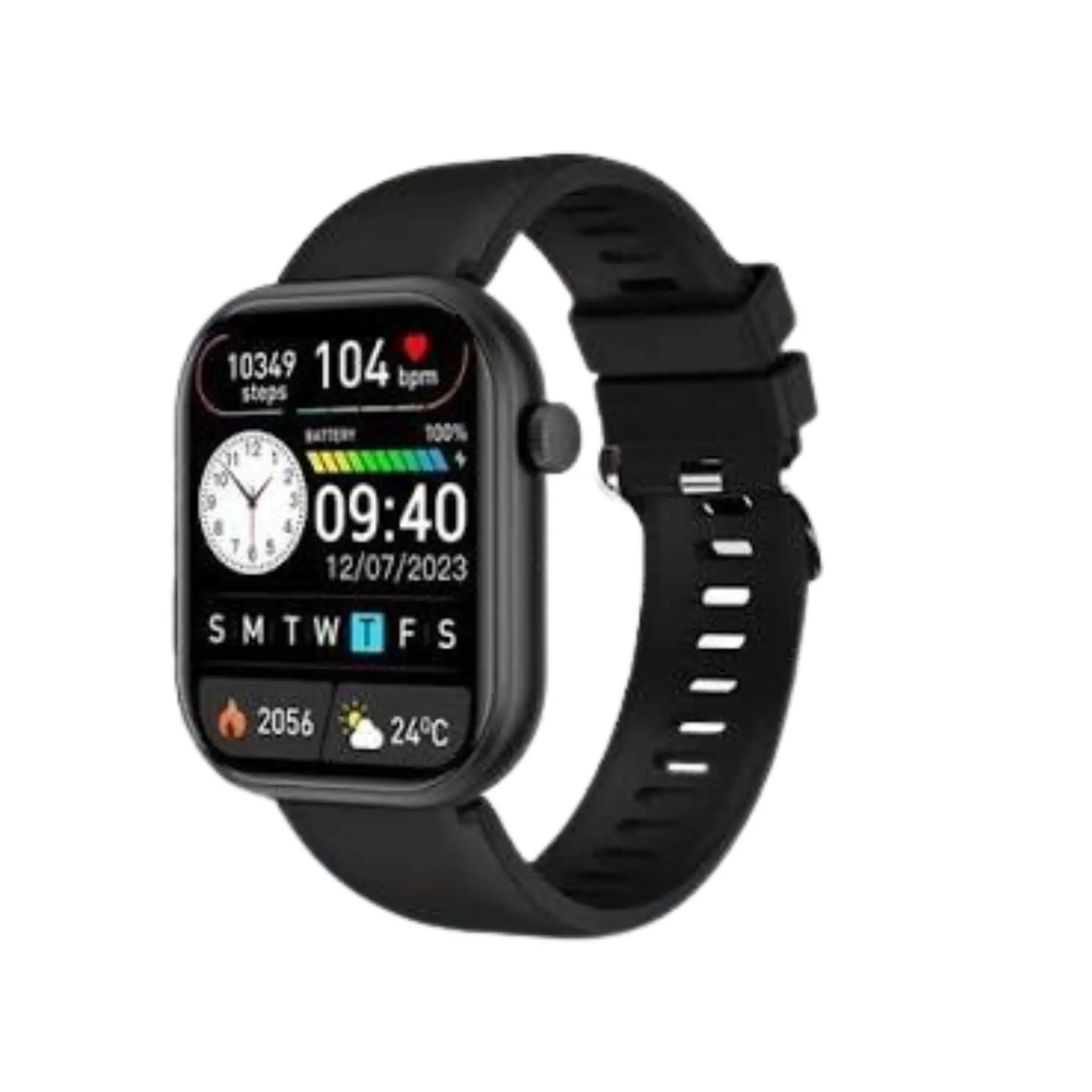 Black smart watch showing health and fitness tracker display with steps, BPM, calories and weather